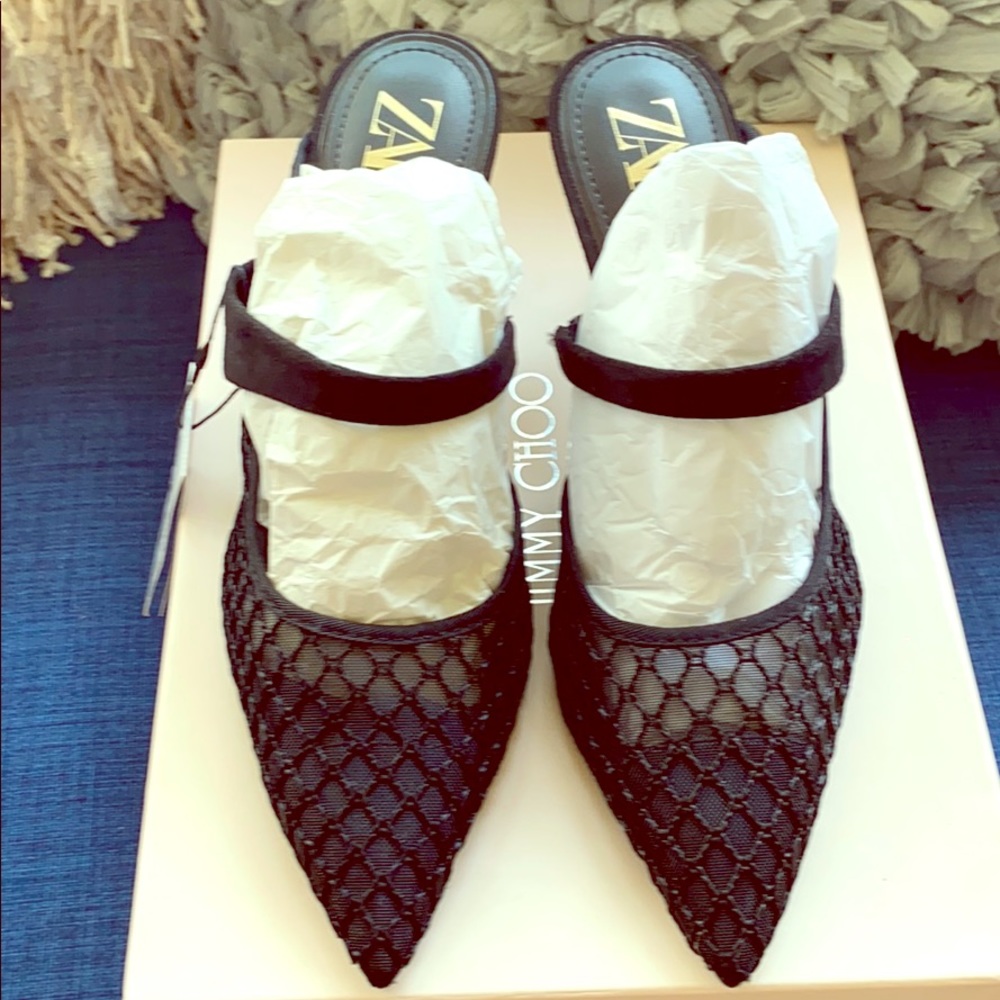 NWT Zara blk mesh heels sandals mules sz 38 7.5 8